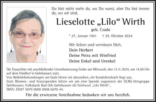 Traueranzeige von Lieselotte Wirth von Gelnhäuser Neue Zeitung