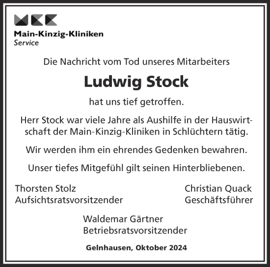 Traueranzeige von Ludwig Stock von Gelnhäuser Neue Zeitung