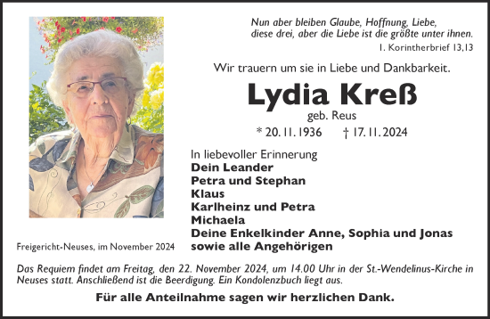 Traueranzeige von Lydia Kreß von Gelnhäuser Neue Zeitung