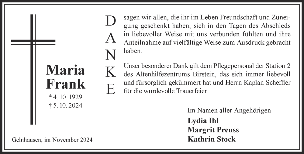  Traueranzeige für Maria Frank vom 09.11.2024 aus Gelnhäuser Neue Zeitung