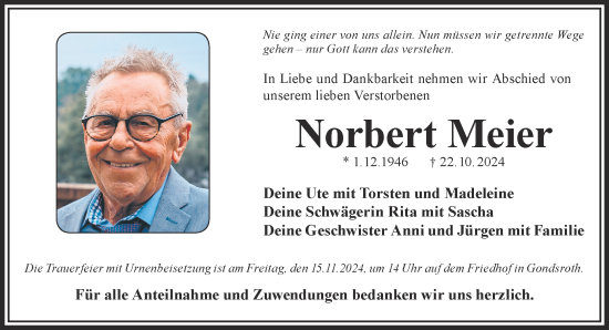 Traueranzeige von Norbert Meier von Gelnhäuser Neue Zeitung