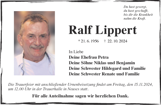 Traueranzeige von Ralf Lippert von Gelnhäuser Neue Zeitung