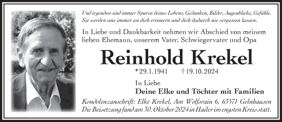 Traueranzeige von Reinhold Krekel von Mittelhessen-Bote