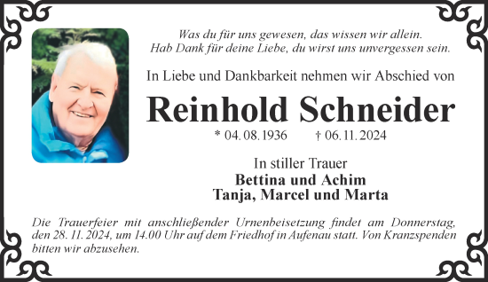 Traueranzeige von Reinhold Schneider von Gelnhäuser Neue Zeitung