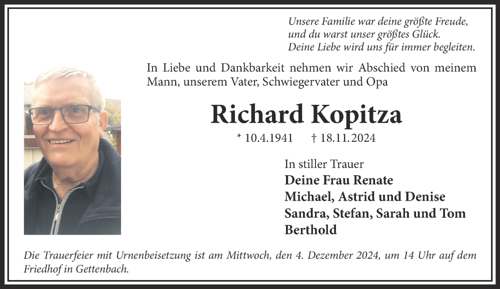  Traueranzeige für Richard Kopitza vom 30.11.2024 aus Gelnhäuser Neue Zeitung