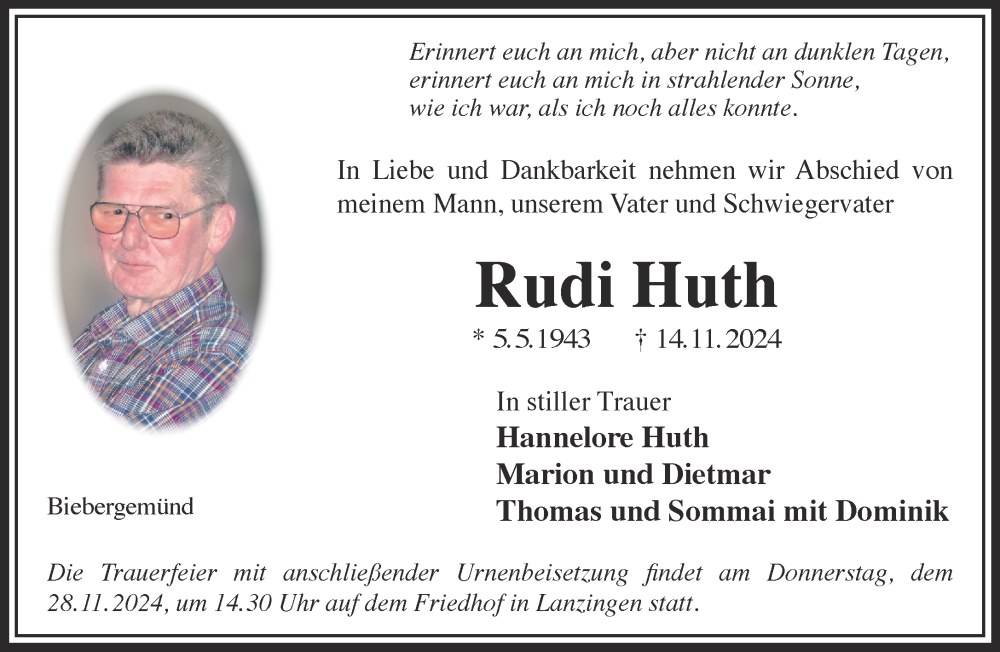  Traueranzeige für Rudi Huth vom 23.11.2024 aus Mittelhessen-Bote