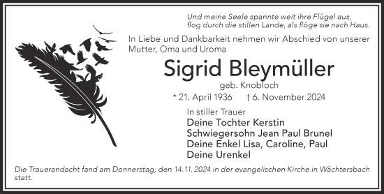 Traueranzeige von Sigrid Bleymüller von Mittelhessen-Bote