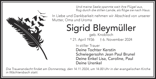 Traueranzeige von Sigrid Bleymüller von Gelnhäuser Neue Zeitung