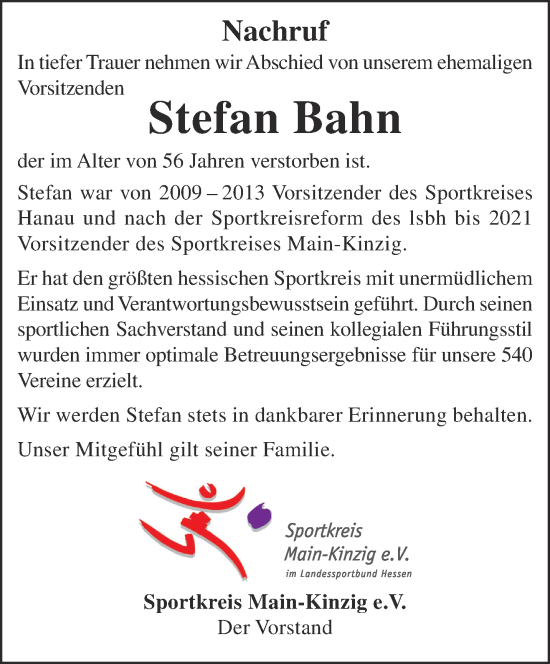 Traueranzeige von Stefan Bahn von Gelnhäuser Neue Zeitung