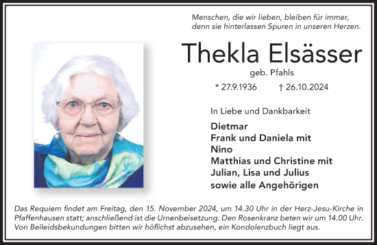 Traueranzeige von Thekla Elsässer von Gelnhäuser Neue Zeitung