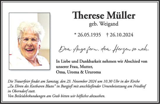 Traueranzeige von Therese Müller von Mittelhessen-Bote