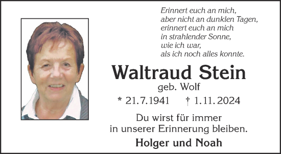 Traueranzeige von Waltraud Stein von Gelnhäuser Neue Zeitung