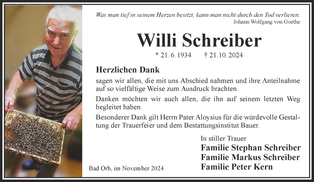  Traueranzeige für Willi Schreiber vom 23.11.2024 aus Gelnhäuser Neue Zeitung