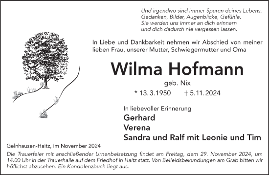 Traueranzeige von Wilma Hofmann von Gelnhäuser Neue Zeitung