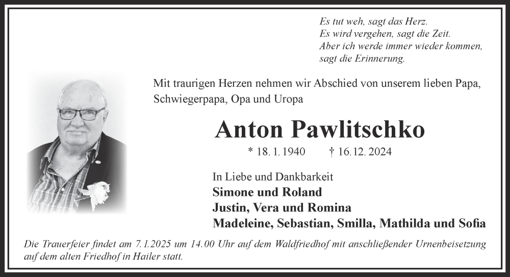  Traueranzeige für Anton Pawlitschko vom 28.12.2024 aus Gelnhäuser Neue Zeitung
