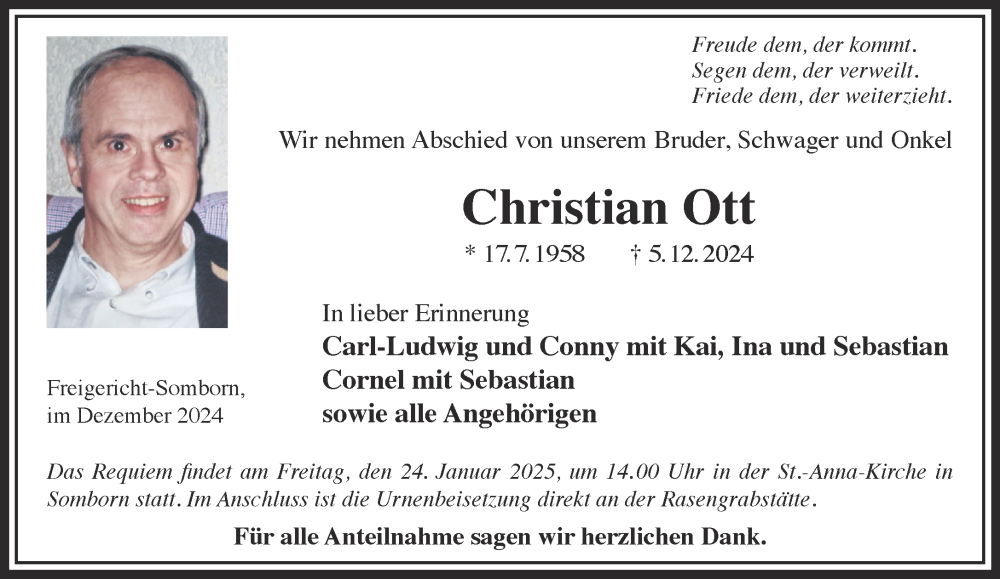  Traueranzeige für Christian Ott vom 21.12.2024 aus Gelnhäuser Neue Zeitung