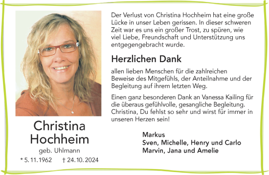Traueranzeige von Christina Hochheim von Mittelhessen-Bote
