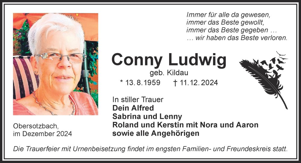  Traueranzeige für Conny Ludwig vom 21.12.2024 aus Gelnhäuser Neue Zeitung