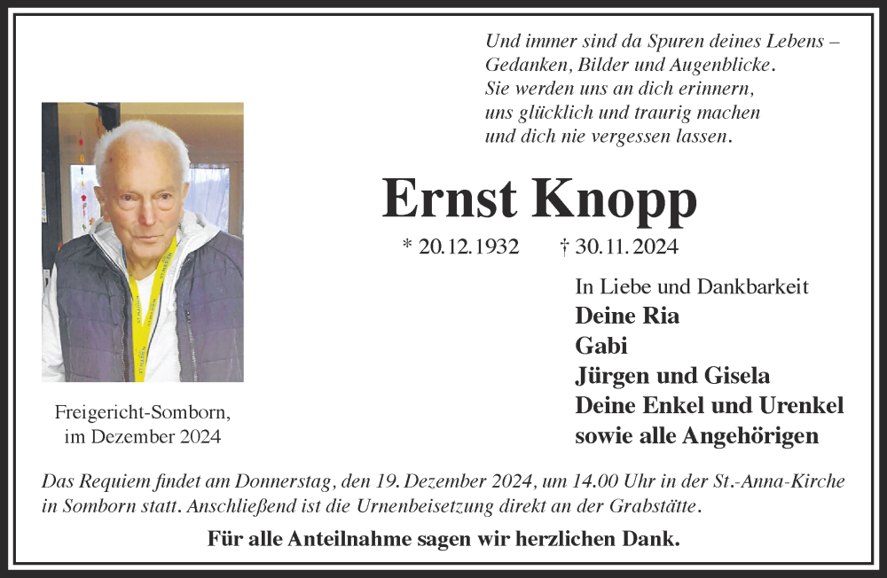  Traueranzeige für Ernst Knopp vom 14.12.2024 aus Mittelhessen-Bote