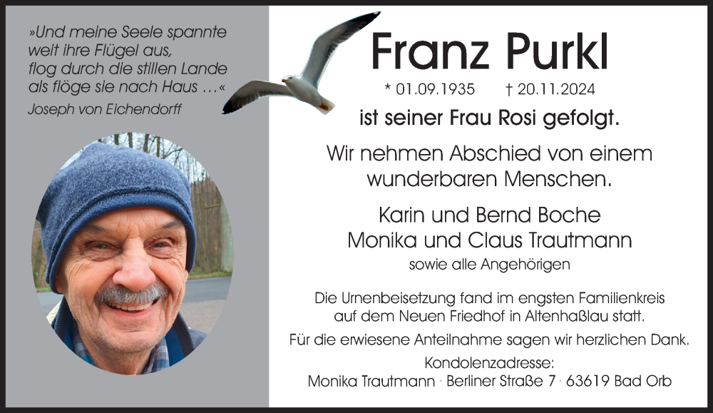  Traueranzeige für Franz Purkl vom 14.12.2024 aus Gelnhäuser Neue Zeitung