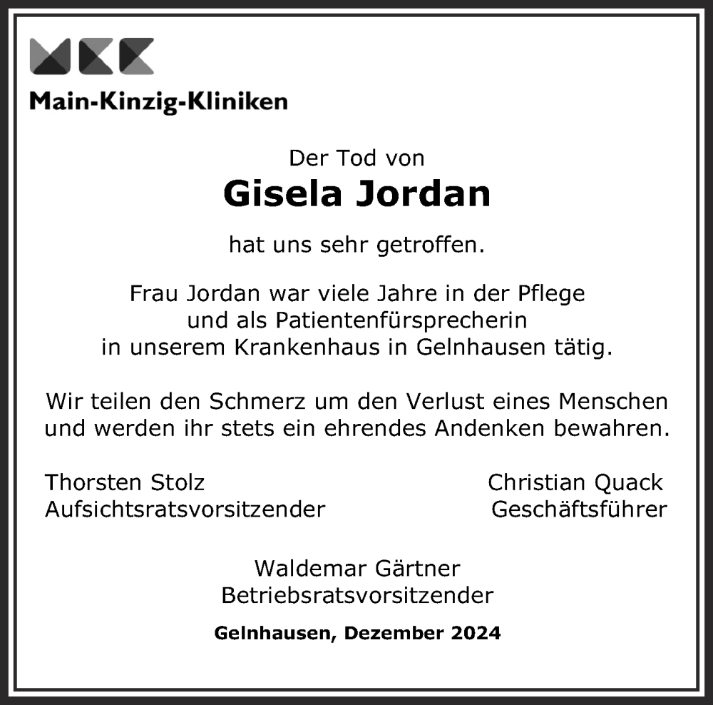  Traueranzeige für Gisela Jordan vom 14.12.2024 aus Mittelhessen-Bote