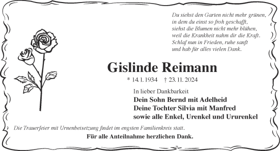 Traueranzeige von Gislinde Reimann von Gelnhäuser Neue Zeitung