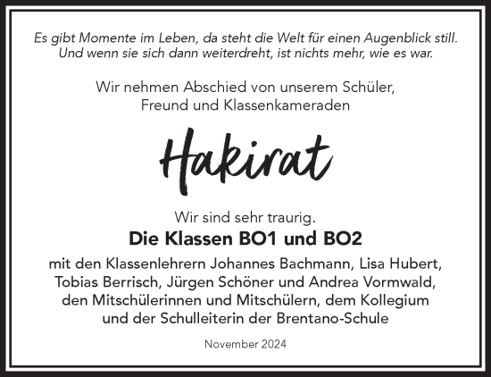 Traueranzeige von Hakirat  von Mittelhessen-Bote