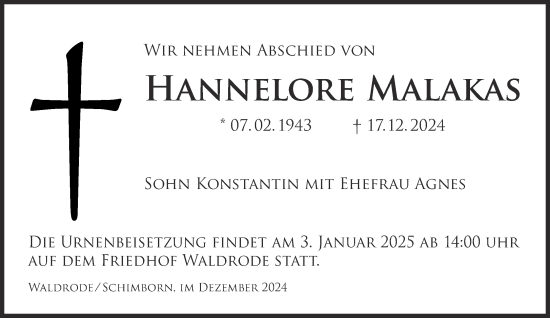 Traueranzeige von Hannelore Malakas von Gelnhäuser Neue Zeitung