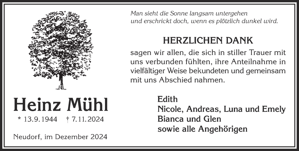  Traueranzeige für Heinz Mühl vom 13.12.2024 aus Gelnhäuser Neue Zeitung