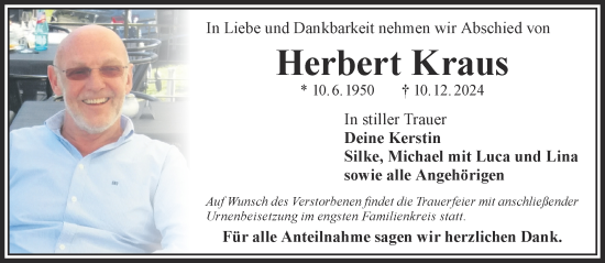 Traueranzeige von Herbert Kraus von Gelnhäuser Neue Zeitung