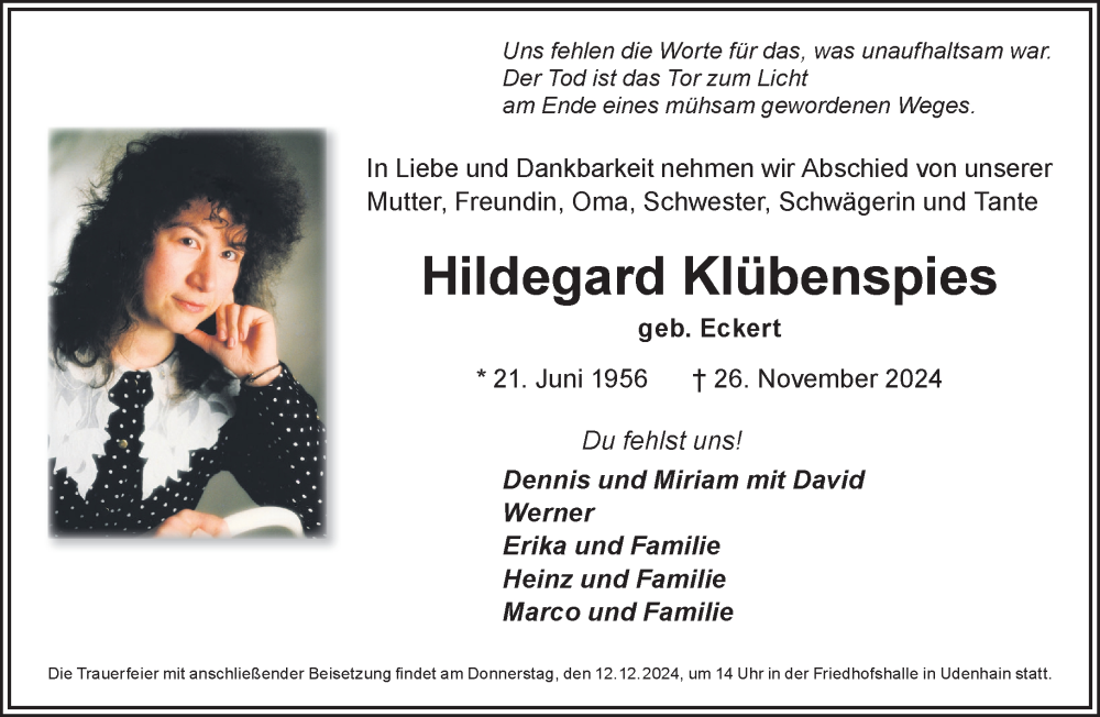  Traueranzeige für Hildegard Klübenspies vom 07.12.2024 aus Mittelhessen-Bote