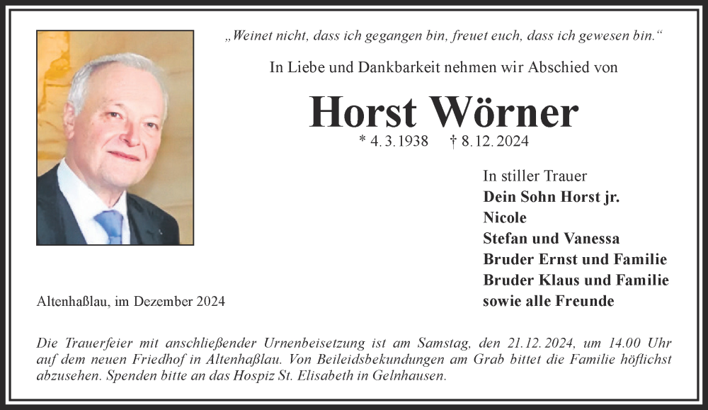  Traueranzeige für Horst Wörner vom 14.12.2024 aus Gelnhäuser Neue Zeitung