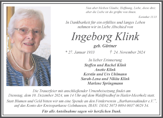 Traueranzeige von Ingeborg Klink von Gelnhäuser Neue Zeitung