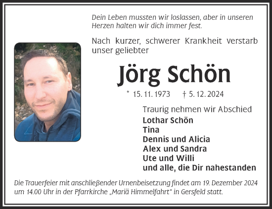 Traueranzeige von Jörg Schön von Gelnhäuser Neue Zeitung