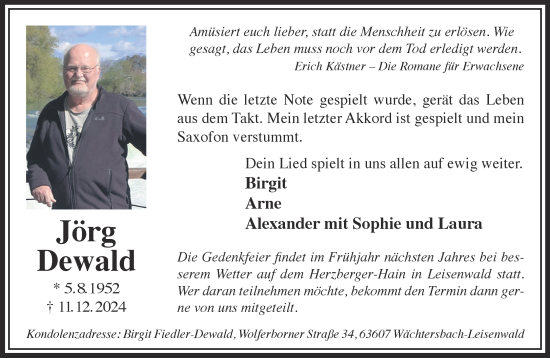 Traueranzeige von Jörg Dewald  von Mittelhessen-Bote