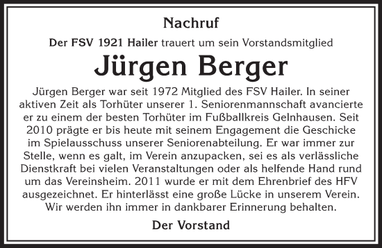 Traueranzeige von Jürgen Berger von Mittelhessen-Bote