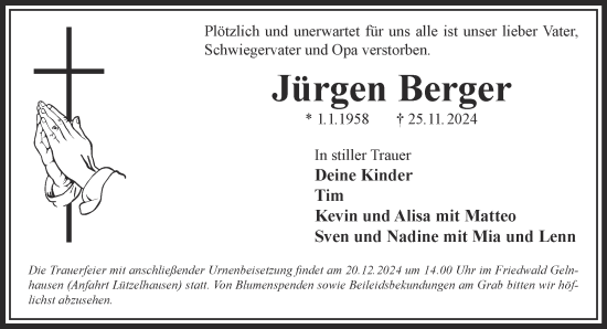 Traueranzeige von Jürgen Berger von Gelnhäuser Neue Zeitung