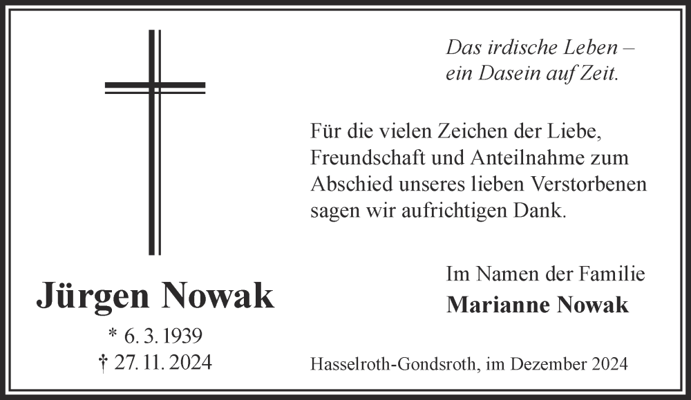  Traueranzeige für Jürgen Nowak vom 21.12.2024 aus Gelnhäuser Neue Zeitung