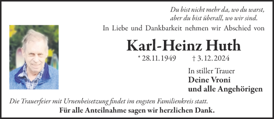 Traueranzeige von Karl-Heinz Huth von Mittelhessen-Bote