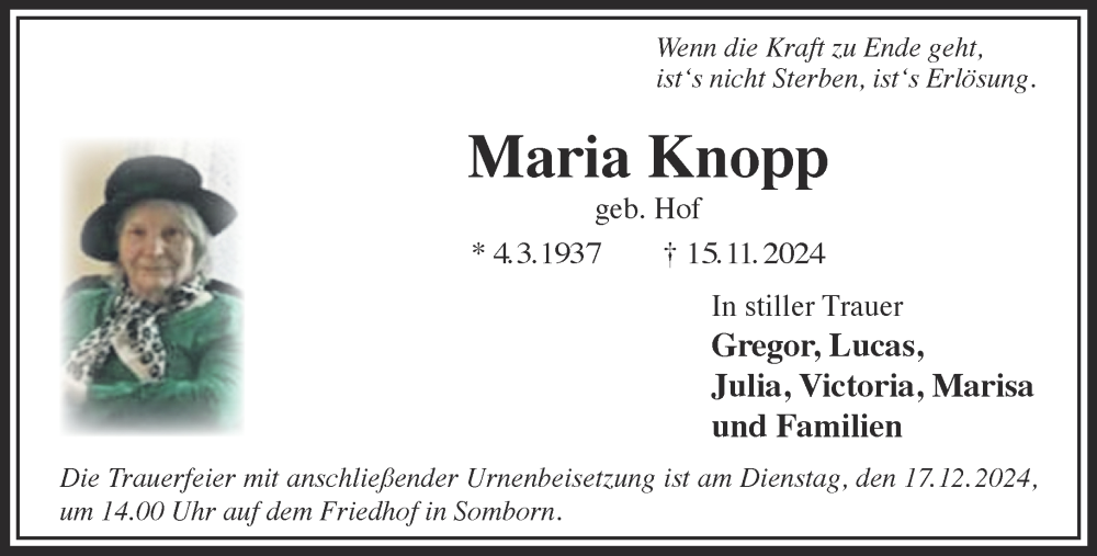  Traueranzeige für Maria Knopp vom 11.12.2024 aus Gelnhäuser Neue Zeitung