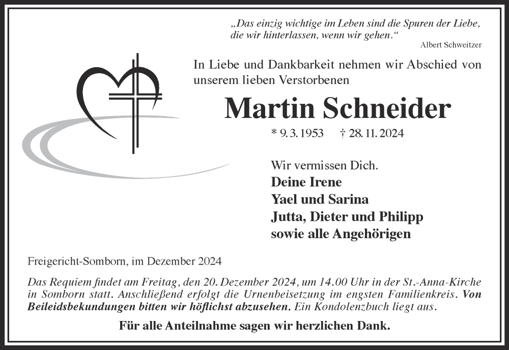  Traueranzeige für Martin Schneider vom 14.12.2024 aus Gelnhäuser Neue Zeitung
