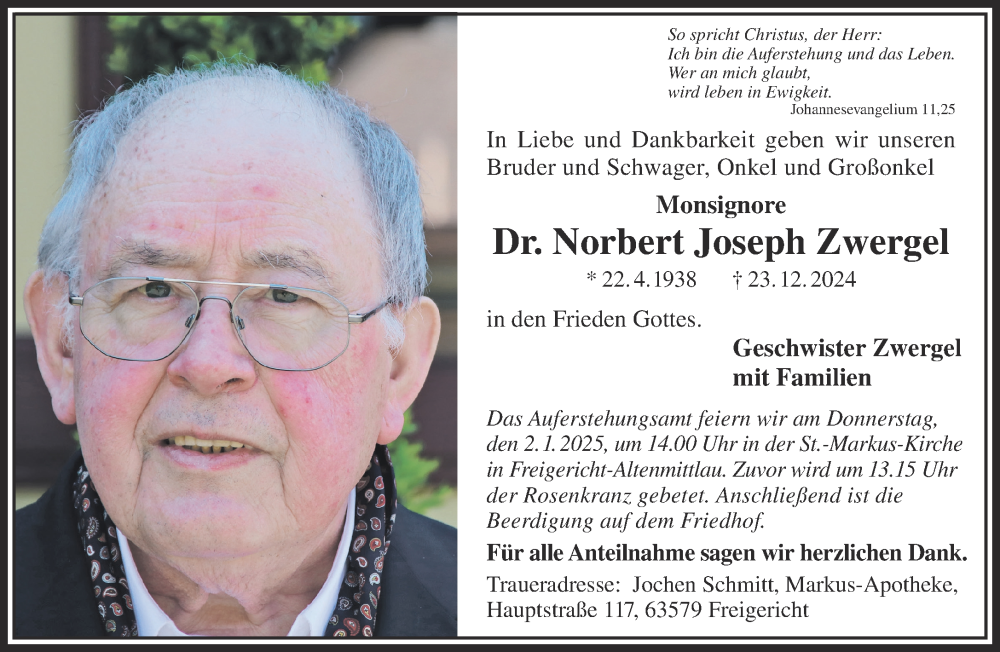  Traueranzeige für Norbert Joseph Zwergel vom 28.12.2024 aus Gelnhäuser Neue Zeitung