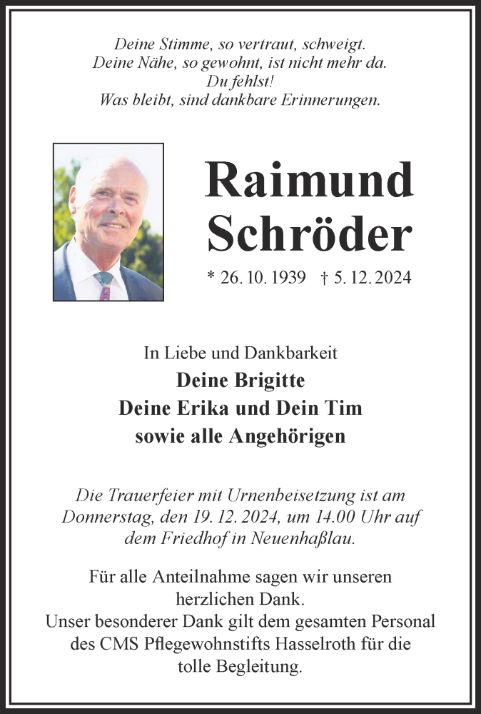  Traueranzeige für Raimund Schröder vom 14.12.2024 aus Gelnhäuser Neue Zeitung