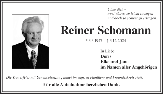 Traueranzeige von Reiner Schomann von Gelnhäuser Neue Zeitung