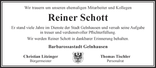 Traueranzeige von Reiner Schott von Gelnhäuser Neue Zeitung