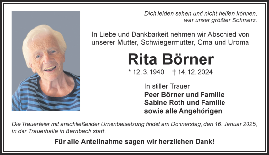 Traueranzeige von Rita Börner von Gelnhäuser Neue Zeitung