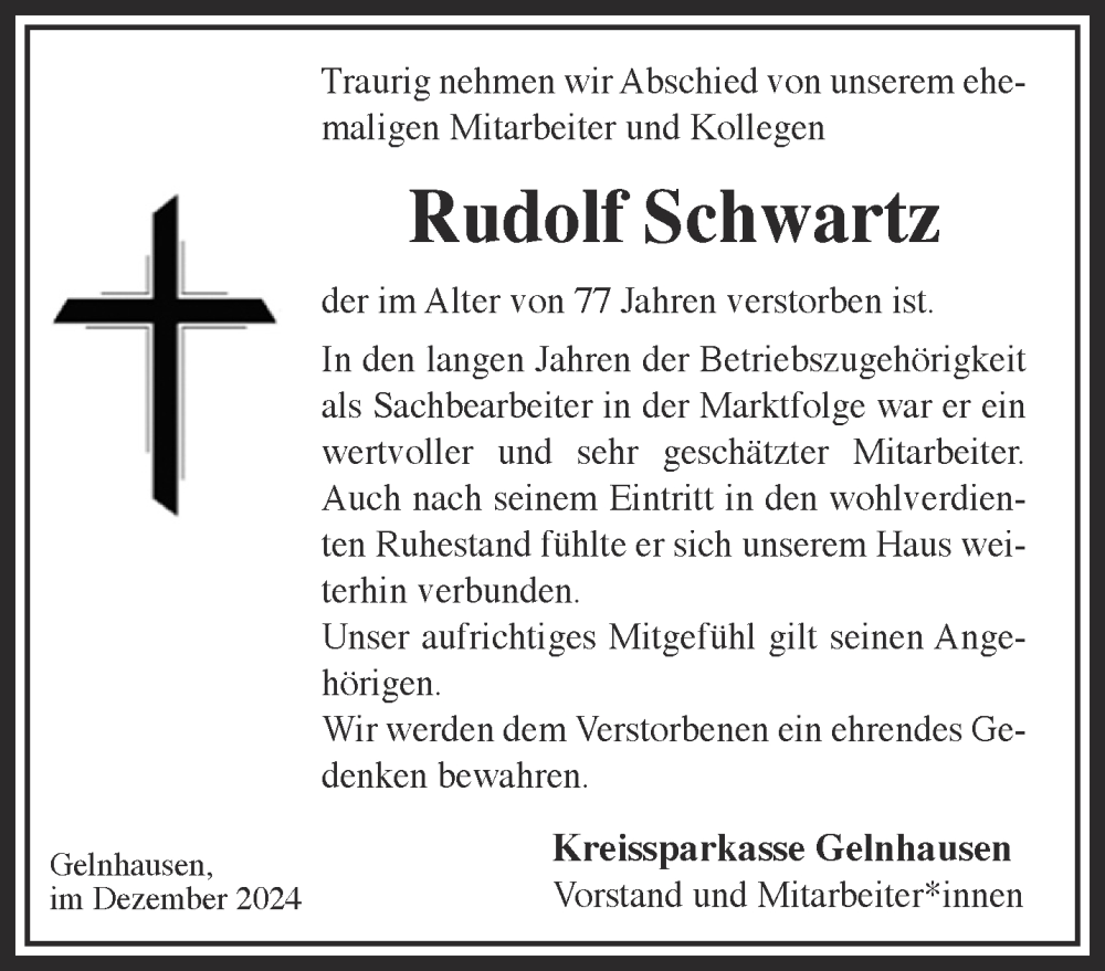  Traueranzeige für Rudolf Schwartz vom 21.12.2024 aus Gelnhäuser Neue Zeitung