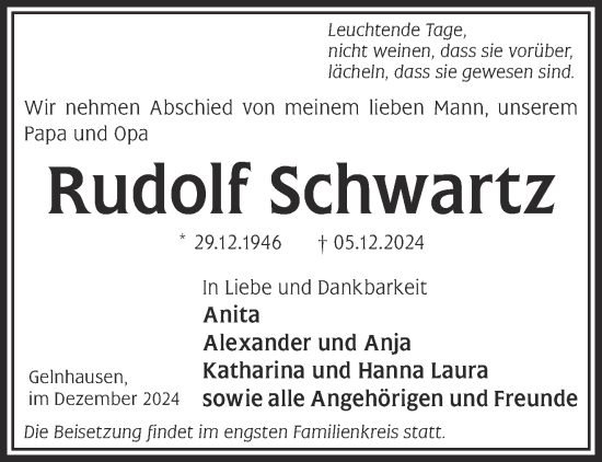 Traueranzeige von Rudolf Schwartz von Mittelhessen-Bote