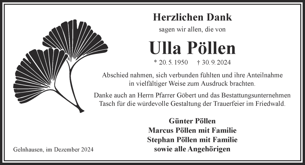  Traueranzeige für Ulla Pöllen vom 07.12.2024 aus Gelnhäuser Neue Zeitung