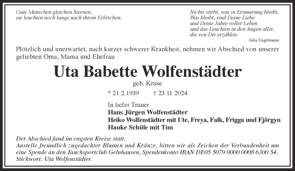  Traueranzeige für Uta Babette Wolfenstädter vom 14.12.2024 aus Gelnhäuser Neue Zeitung